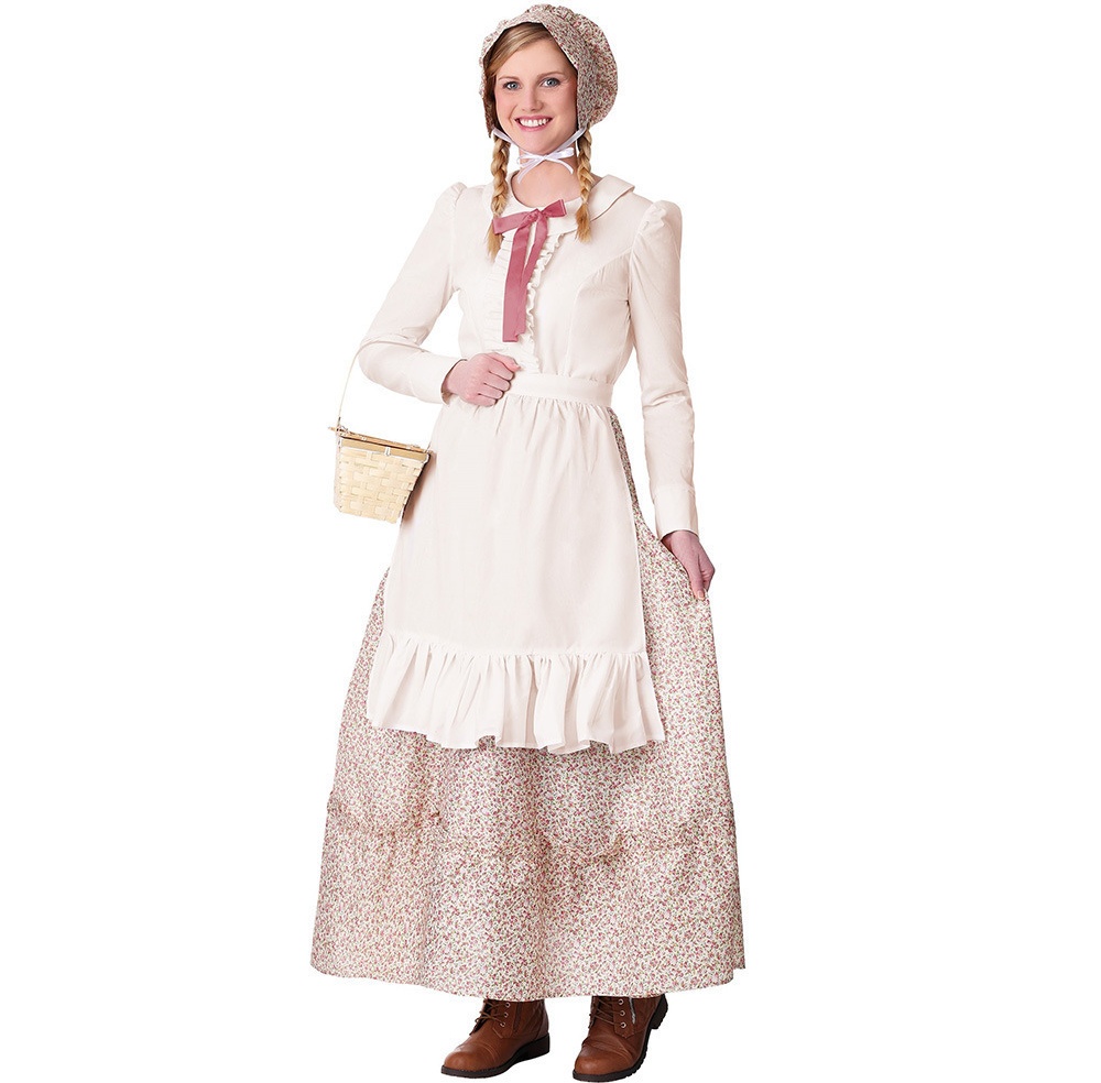 Womens Prairie Pioneer Costume Included Dress Apron Bonnet